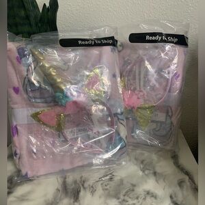 Unicorn Blankets with Headbands NWT set of two